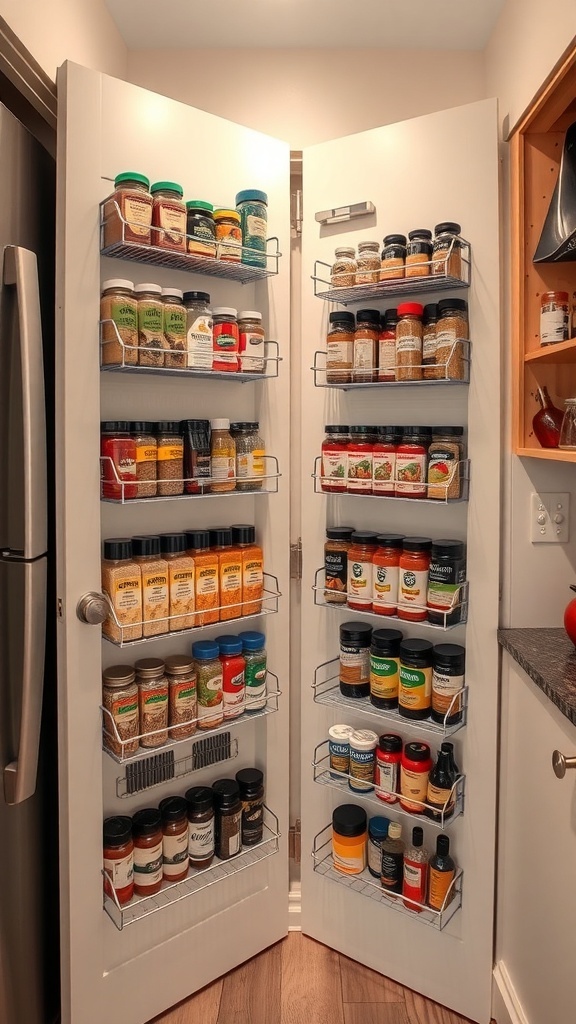 A corner pantry door with multiple wire racks holding various spice jars and containers.
