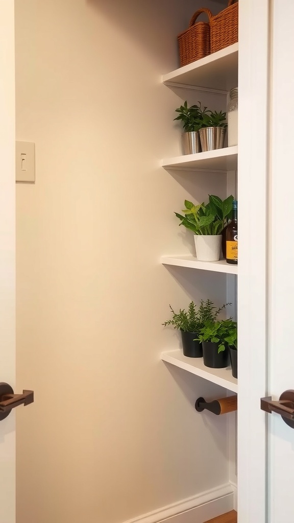 Mini herb garden in a corner pantry with various herbs in pots on shelves.