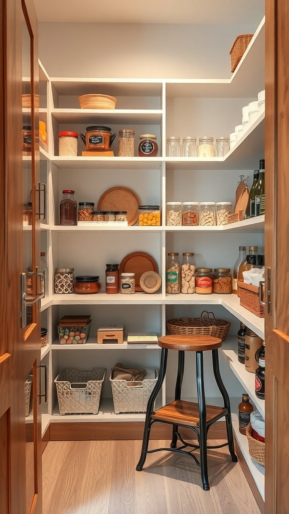 A well-organized corner pantry featuring shelves with jars, baskets, and a step stool for easy access to high items.