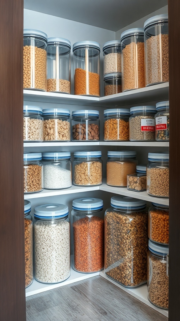 A corner pantry filled with clear containers holding various dry goods, showcasing an organized and tidy space.