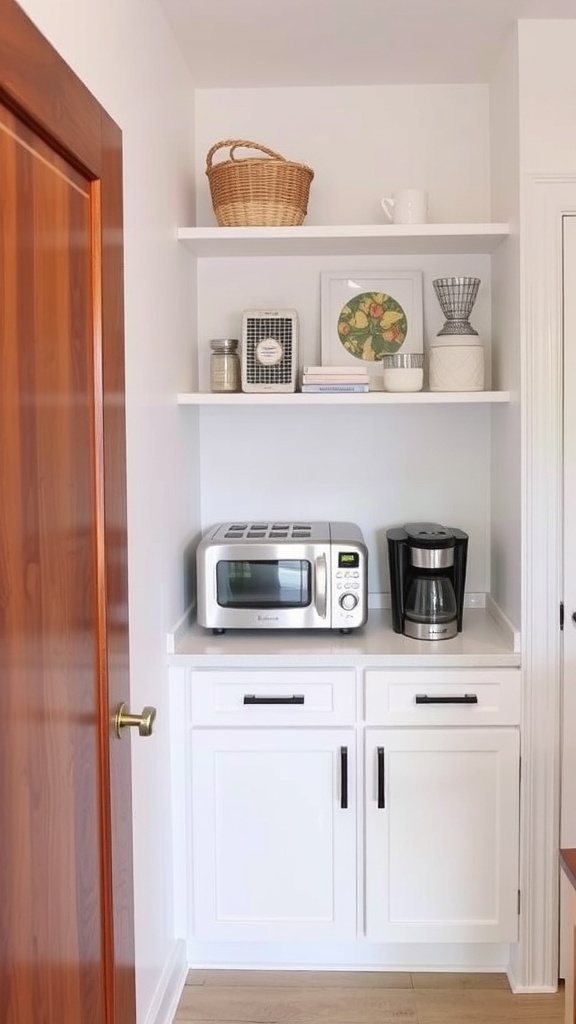 A corner pantry with a toaster and coffee maker on a countertop, along with decorative items on shelves.