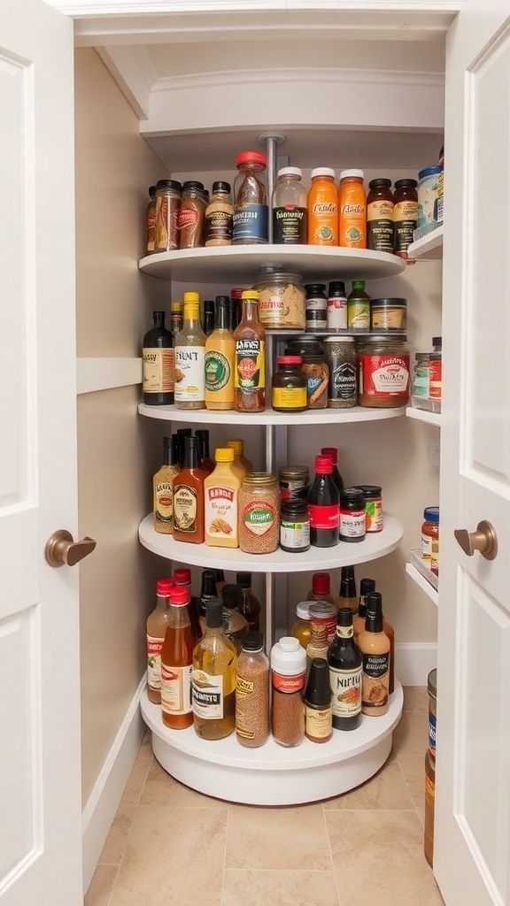 A corner pantry with a lazy Susan featuring various bottles and jars organized on rotating shelves.