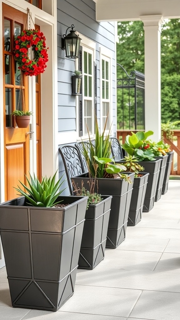 25+ Inspiring Front Porch Planters You’ll Love A row of modern black metal planters filled with plants on a front porch.
