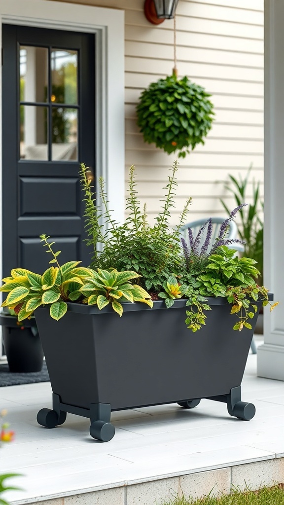 25+ Inspiring Front Porch Planters You’ll Love A stylish self-watering planter filled with various green plants on a front porch.