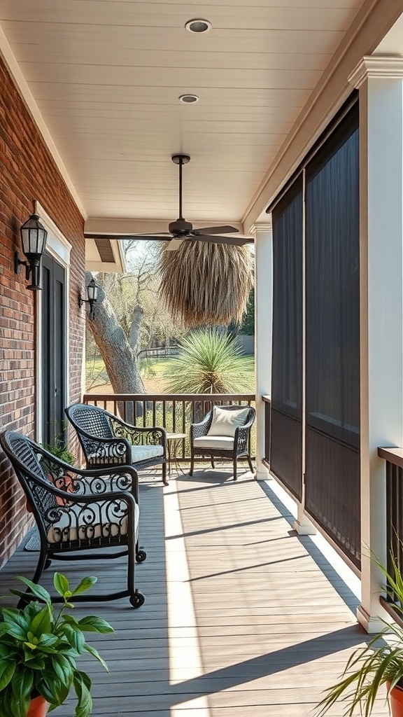 A porch with retractable screens, featuring stylish seating and plants.