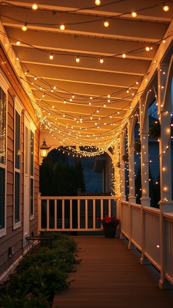 A cozy back porch decorated with string lights