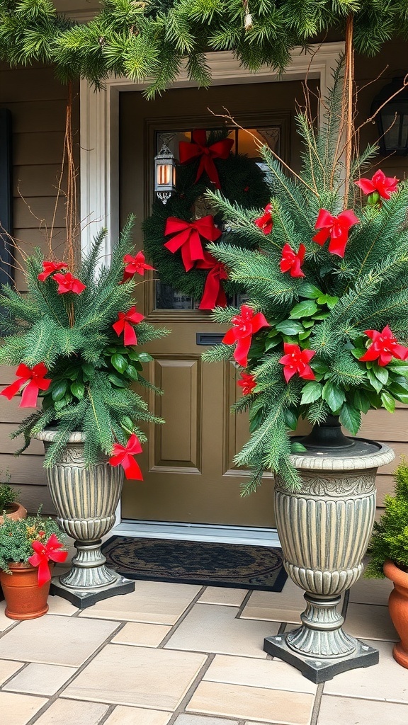 Front porch decorated with classic holiday greens in elegant planters, featuring red bows and a wreath.