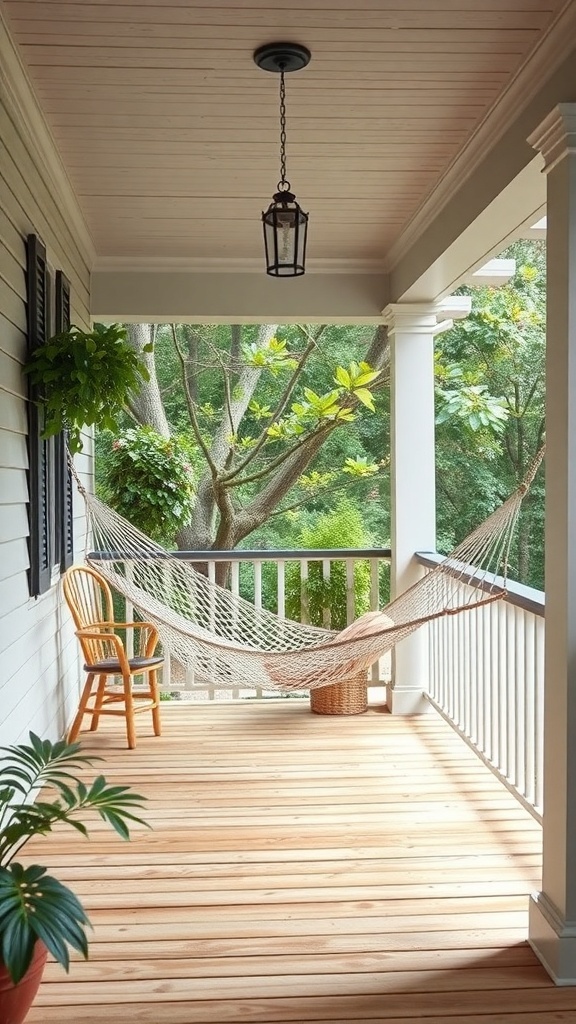 A cozy back porch featuring a hammock, a chair, and plants, perfect for relaxation.