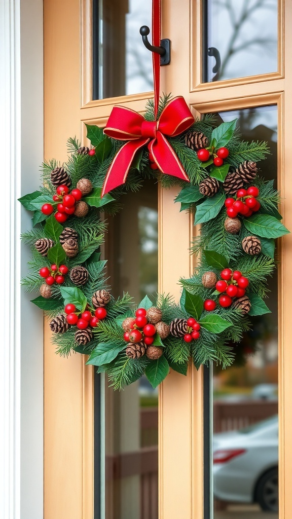 A festive wreath with pine branches, red berries, and a red bow hanging on a door.
