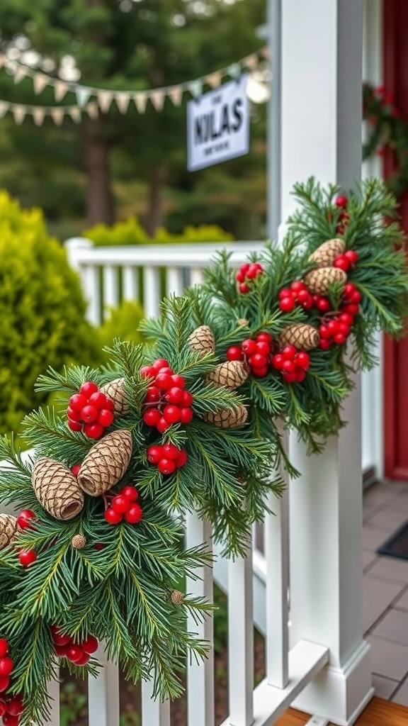 A decorative garland made of pinecones and red berries, draped along a porch railing.
