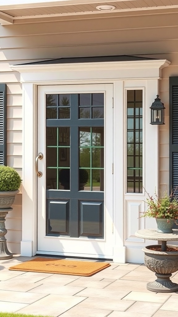 A stylish porch entrance featuring a door with vinyl panels, showcasing easy maintenance and aesthetic appeal.