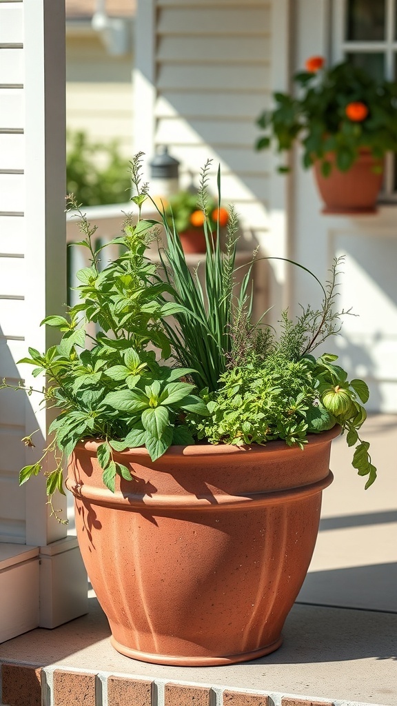 25+ Inspiring Front Porch Planters You’ll Love A terracotta planter filled with various herbs on a front porch.