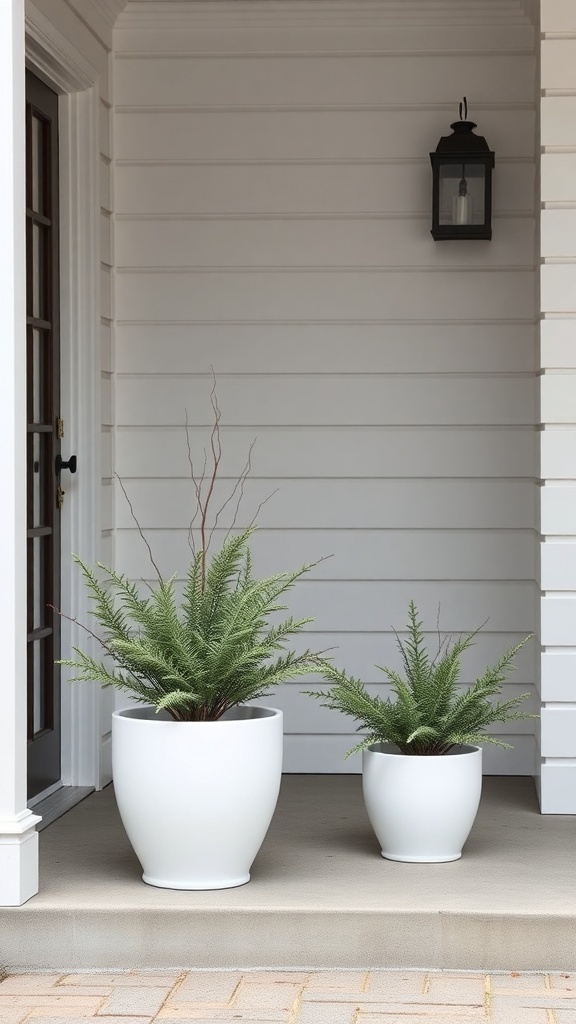 Two white planters with ferns on a porch