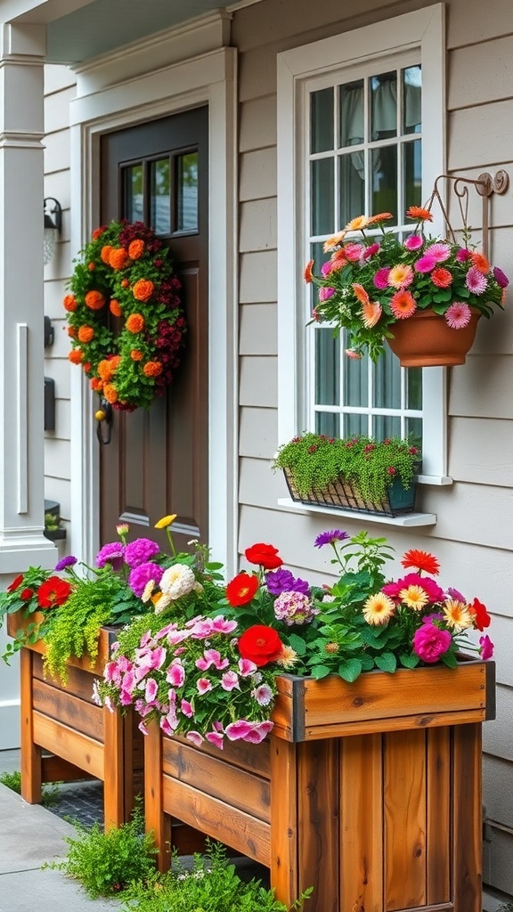 25+ Inspiring Front Porch Planters You’ll Love Colorful wooden planter boxes filled with flowers on a front porch