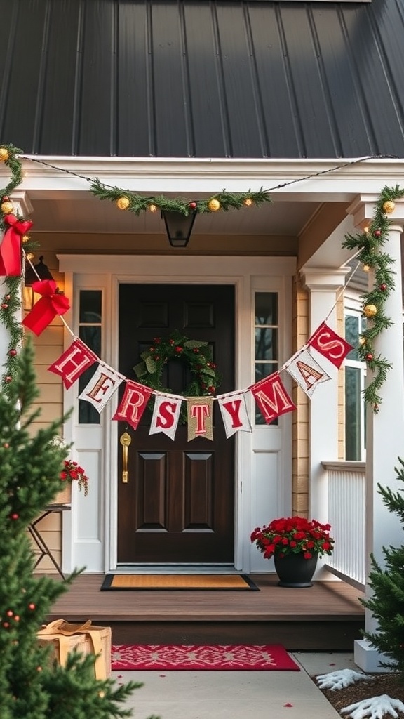 A front porch decorated with a festive banner reading 