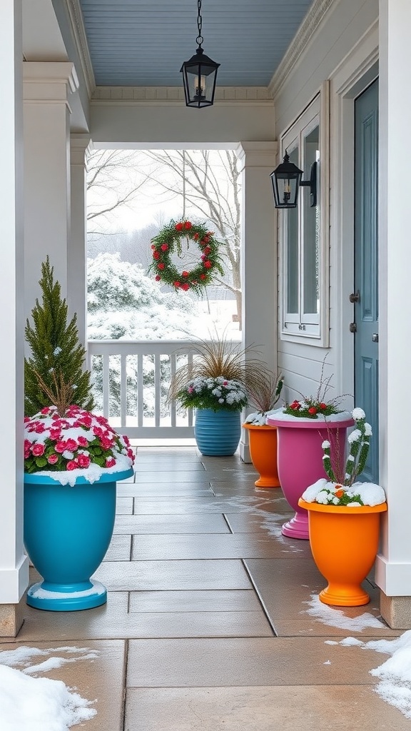Colorful winter planters on a snowy front porch