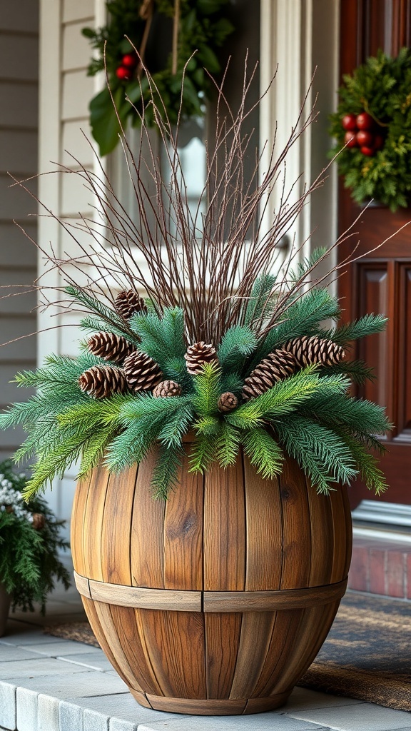 Rustic wooden barrel planter filled with greenery and pinecones on a front porch.