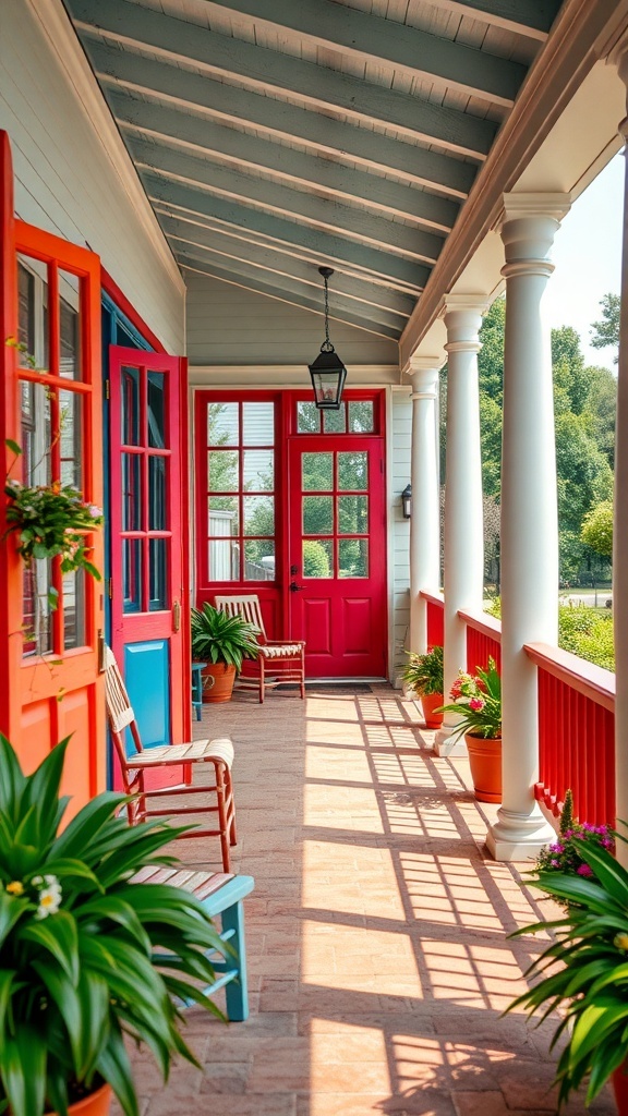 A vibrant porch with colorful painted screens in red and blue, featuring potted plants and seating.