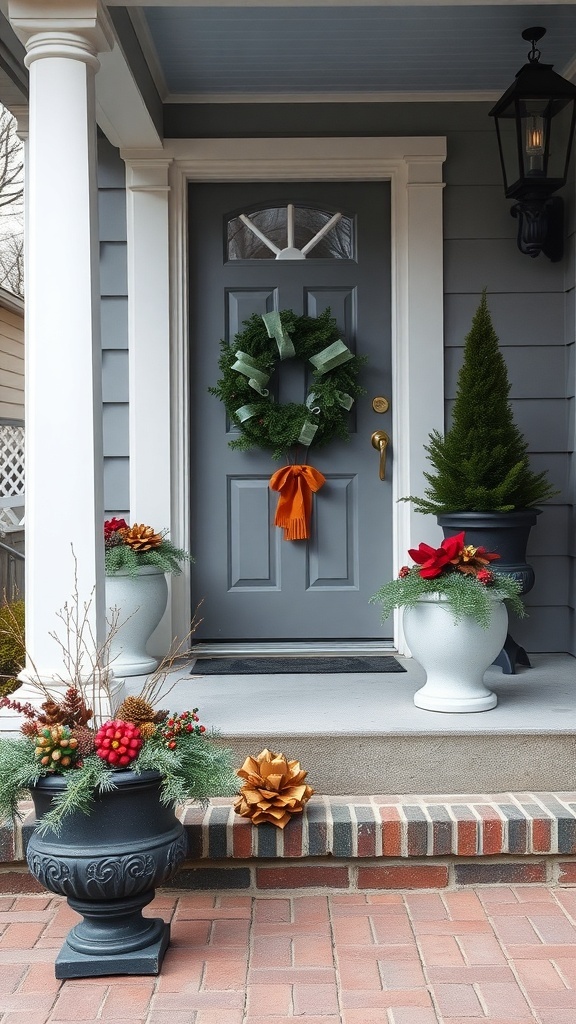 Festive holiday front porch with a green wreath, colorful planters, and a welcoming door.