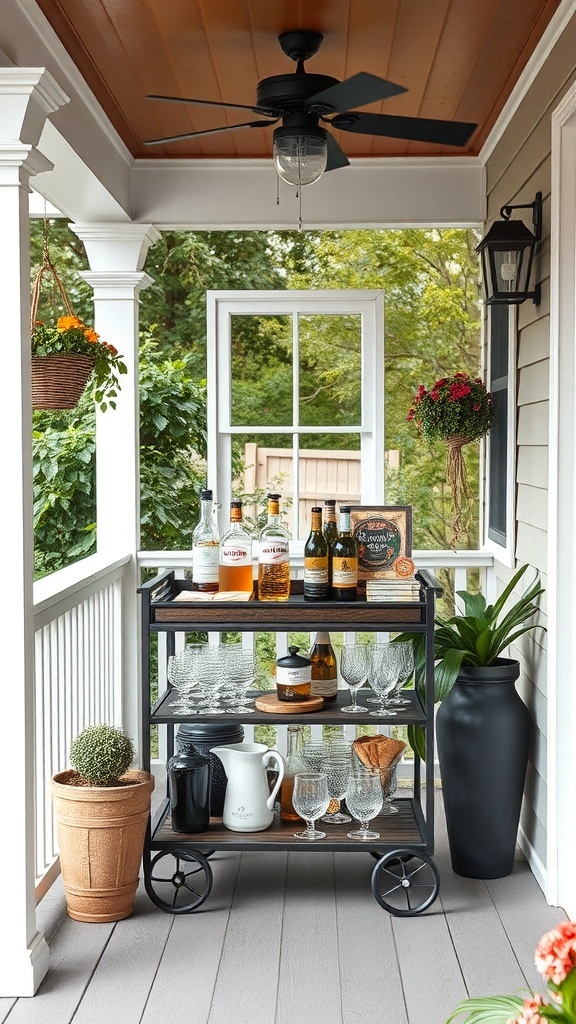 A stylish bar cart on a back porch with drinks and glasses.