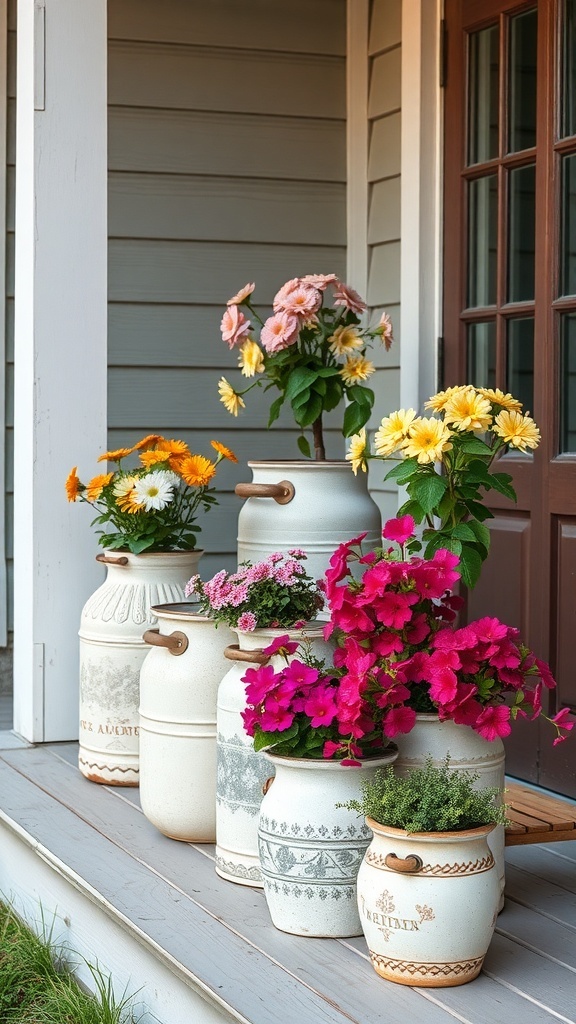 25+ Inspiring Front Porch Planters You’ll Love A collection of vintage containers filled with colorful flowers on a front porch.