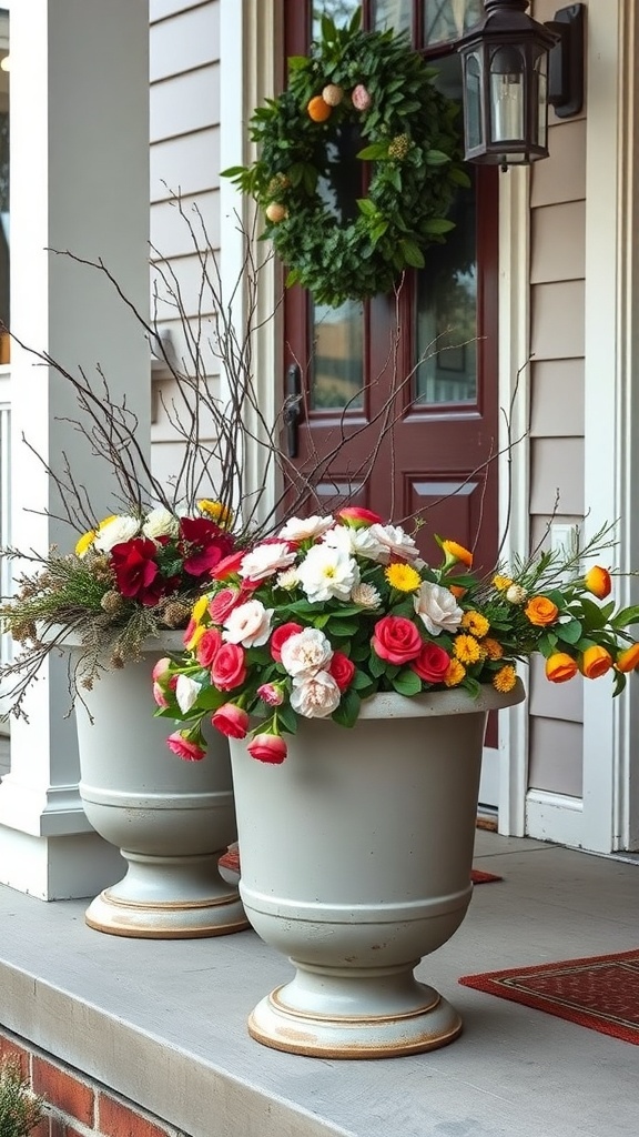Two vintage planters filled with colorful flowers on a front porch, with a green wreath on the door.
