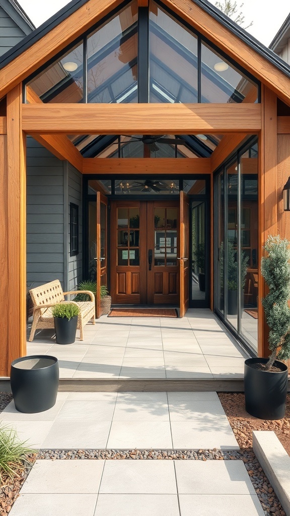 A modern porch enclosure featuring a combination of glass and wood, showcasing large glass panels and wooden beams.