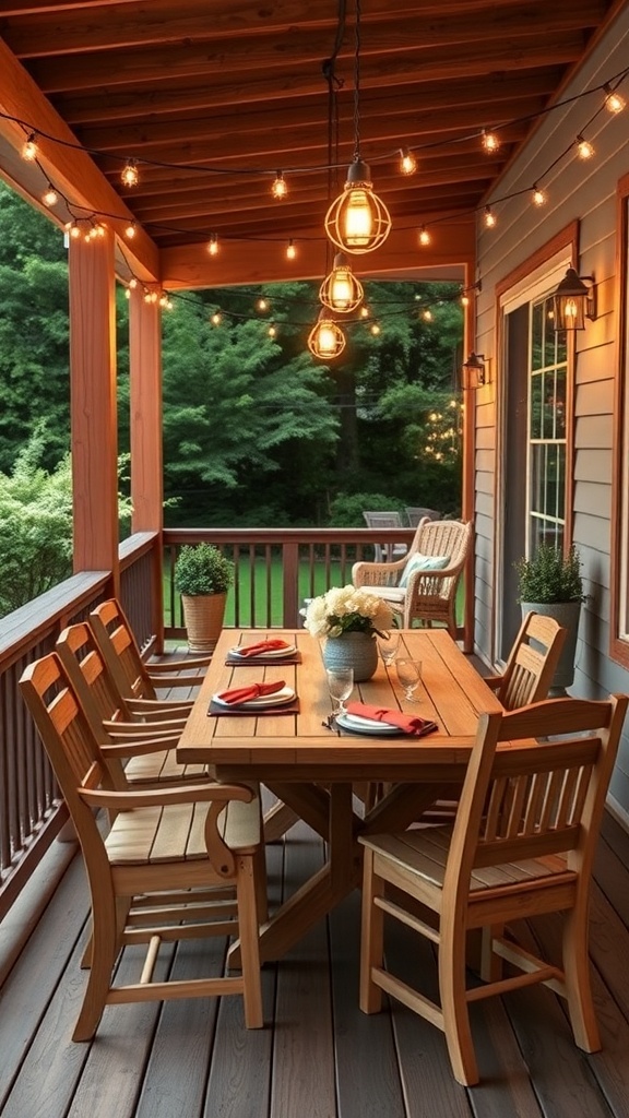 Cozy outdoor dining setup on a back porch with wooden furniture and string lights.