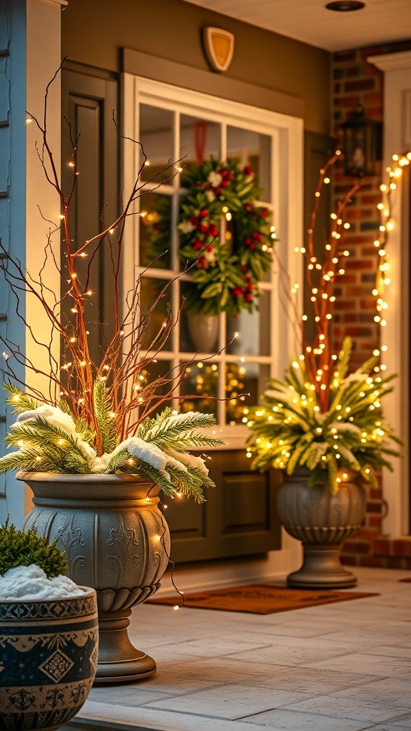 Front porch with planters decorated with fairy lights and greenery