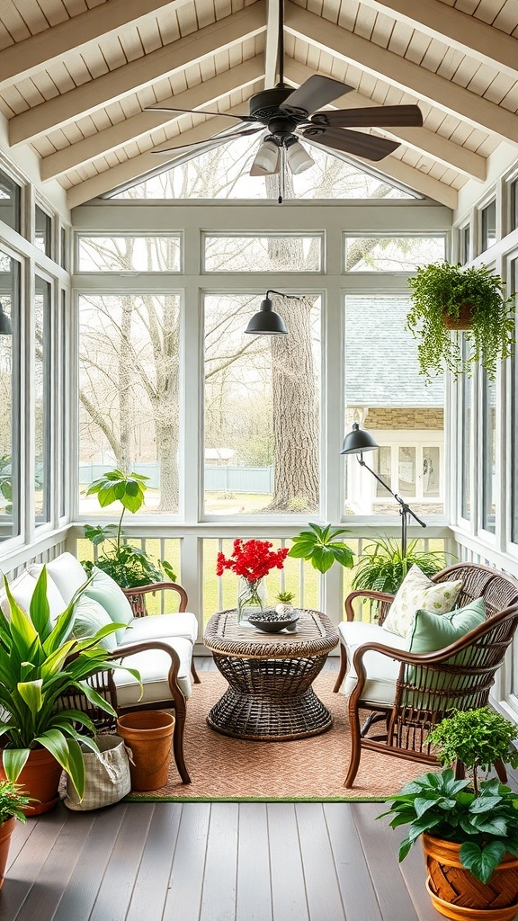 Cozy screened-in porch with plants and comfortable seating