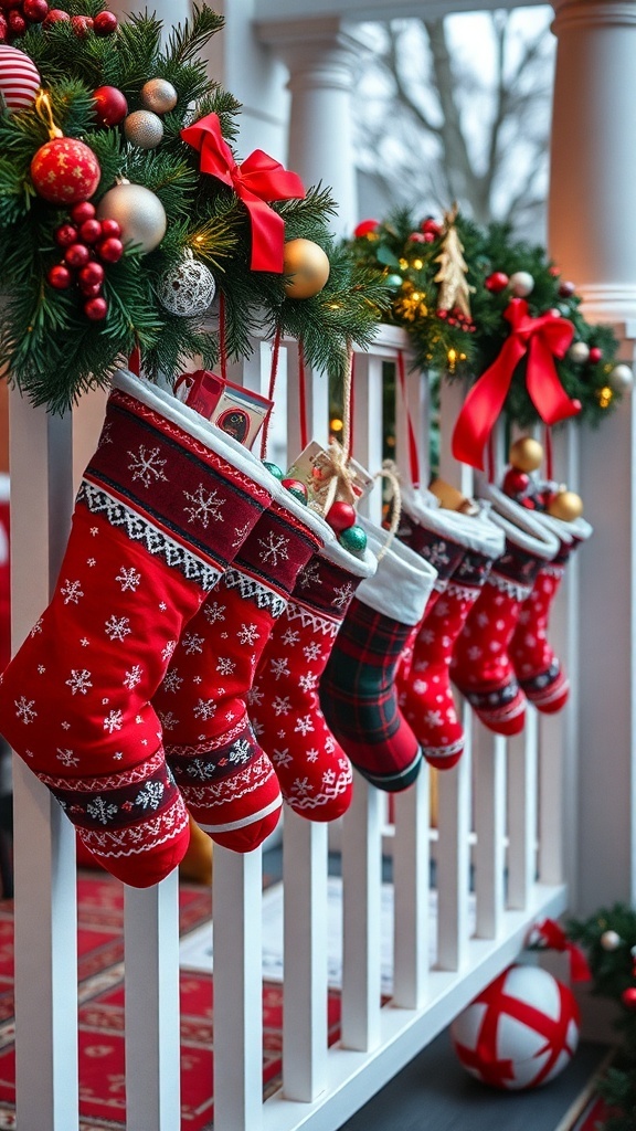 A row of colorful Christmas stockings hanging on a white railing, decorated with greenery and ornaments.