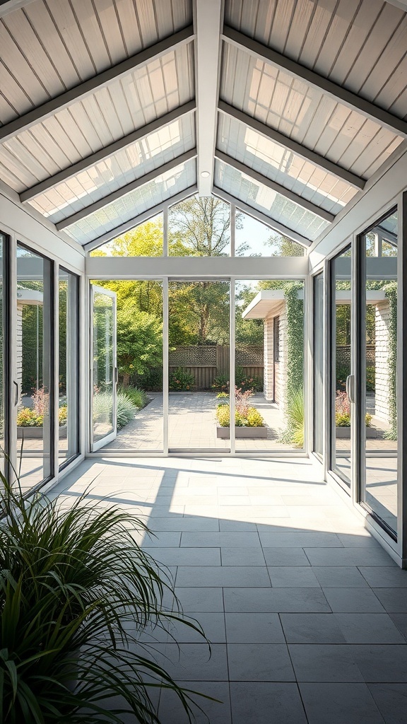 A modern porch enclosure featuring large glass panels and a bright interior with plants.