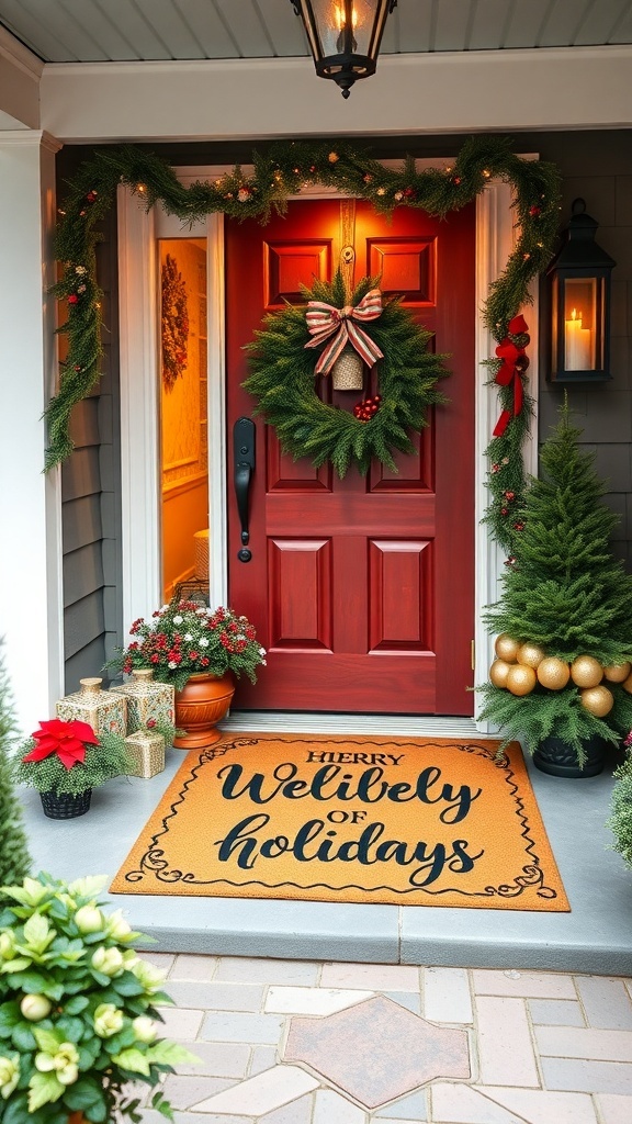 A festive front porch with a doormat that says 