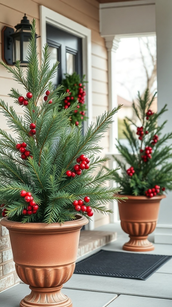 Pine and berry arrangements in decorative pots on a front porch