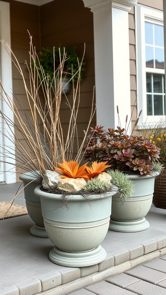 Three winter planters on a front porch with dry grasses, orange flowers, and stones.