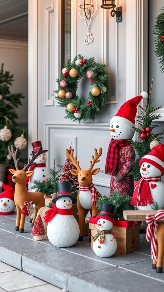 A festive front porch decorated with whimsical Christmas figurines including snowmen and reindeer.