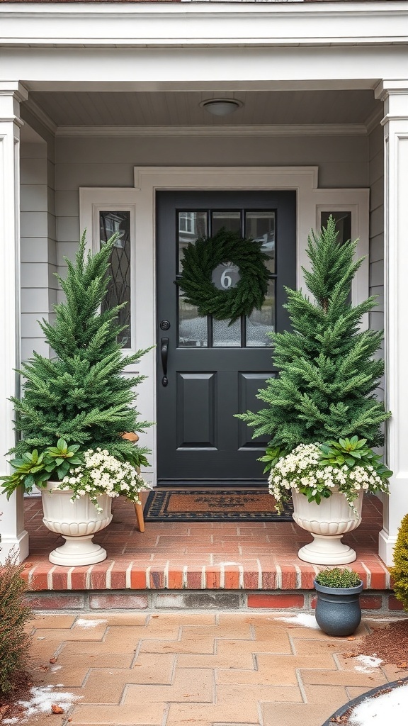 Two evergreen trees in white planters on a front porch, with a dark door and a wreath.