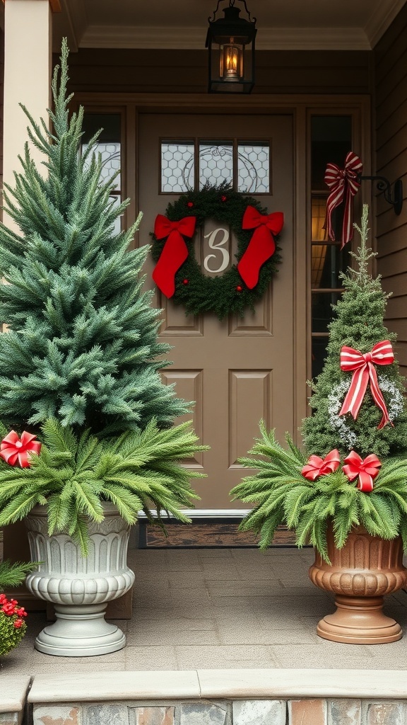 Two seasonal planters with evergreen foliage and red bows on a front porch