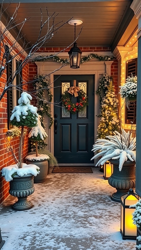 A winter-themed front porch with a dark blue door, a festive wreath, snow-dusted plants, and glowing lanterns.