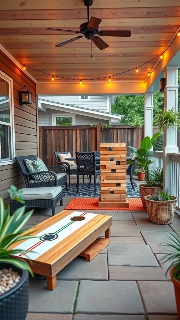 A cozy back porch featuring a cornhole board and a giant Jenga game, surrounded by plants and comfortable seating.