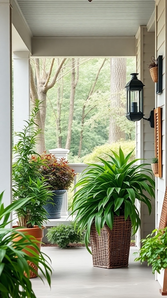 25+ Inspiring Front Porch Planters You’ll Love A front porch with various plants in bamboo and other planters, showcasing a natural and inviting atmosphere.