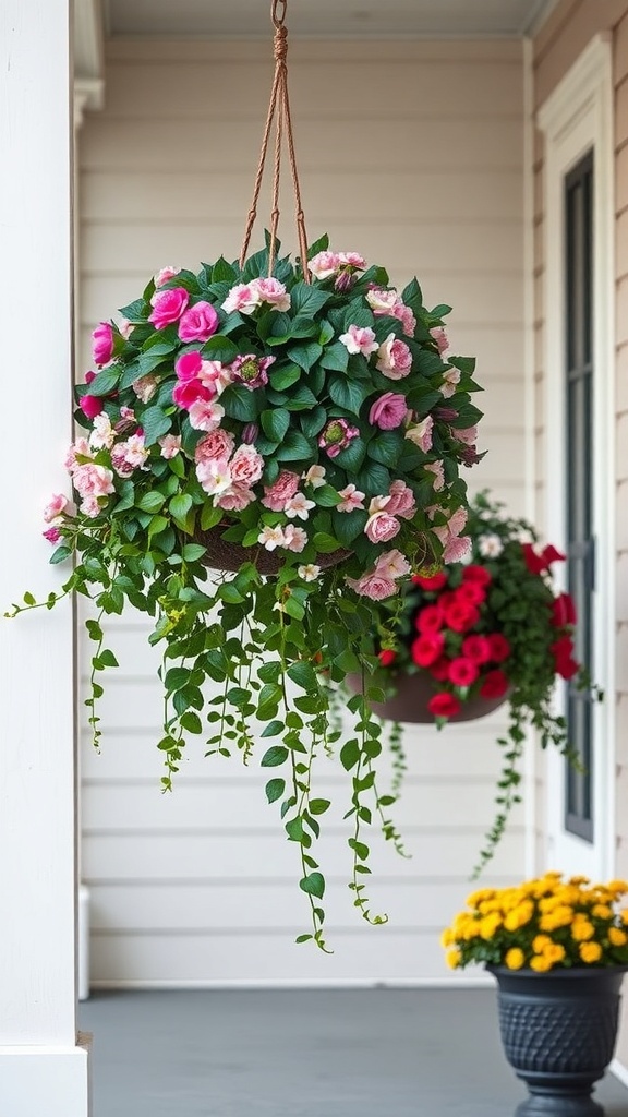 A vibrant hanging planter filled with pink flowers and lush greenery, enhancing the front porch.