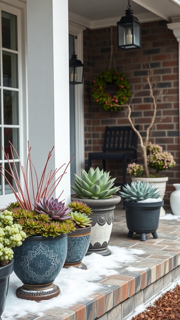 Winter succulent display on a front porch with decorative pots and snow