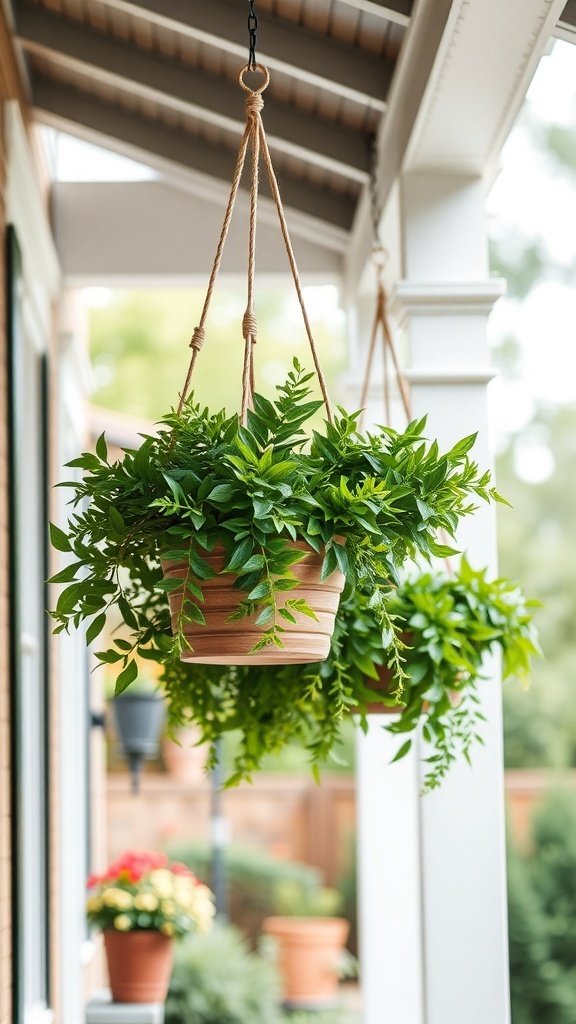 25+ Inspiring Front Porch Planters You’ll Love Hanging planters with lush green foliage on a front porch
