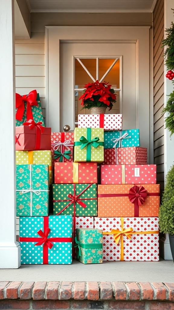 Colorful stacked gift boxes on a front porch with a poinsettia plant