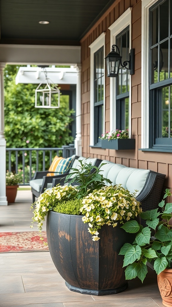 25+ Inspiring Front Porch Planters You’ll Love A front porch featuring a large planter with flowers and a seating area.