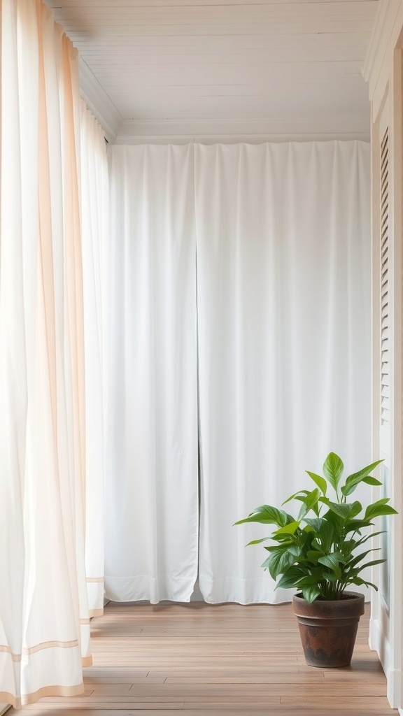 A porch with white fabric curtains and a potted plant.