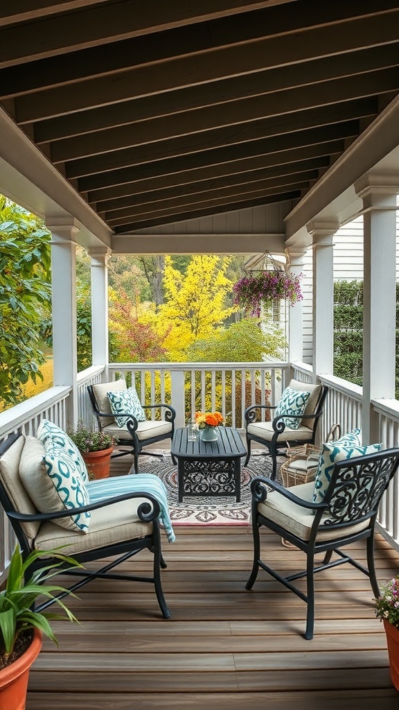 Cozy back porch with weather-resistant furniture, including chairs and a table, surrounded by plants.