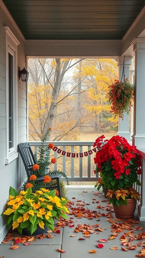 A cozy back porch decorated for fall with colorful flowers, a banner, and fallen leaves.