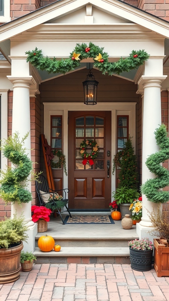 A beautifully decorated porch with seasonal decor including pumpkins, flowers, and a wreath.